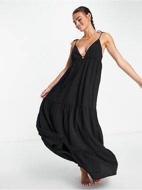 ASOS The Frolic Coburn v neck tiered maxi summer dress in black